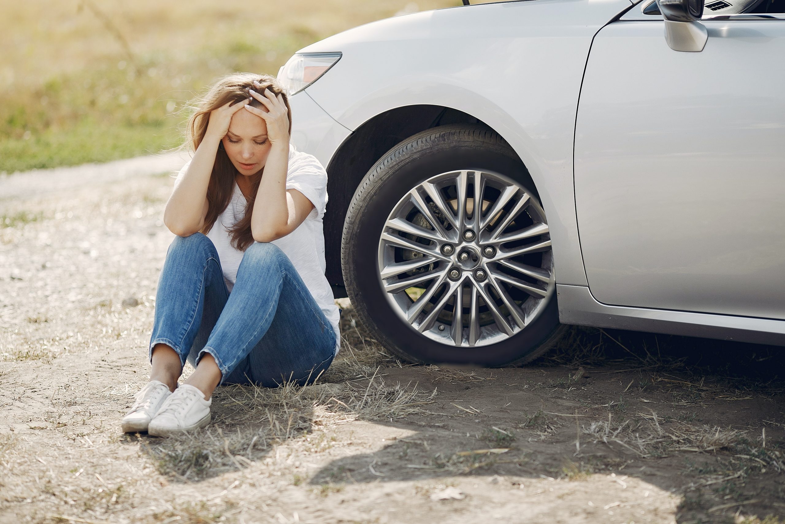 worried woman sitting in front of her broken down car